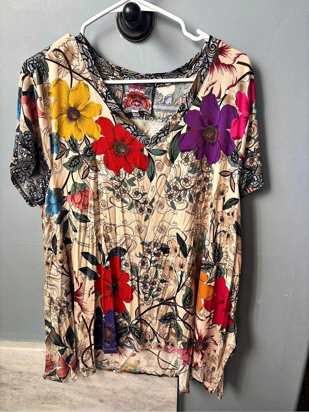 Johnny Was Archibal Drape Tee Floral Tunic Multicolor XL